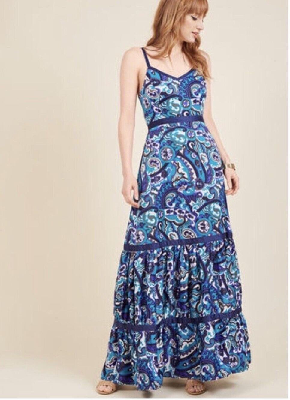 NWOT ModCloth Maxi Dress Sleeveless Tiered Paisley Boho Festival Blue Size M